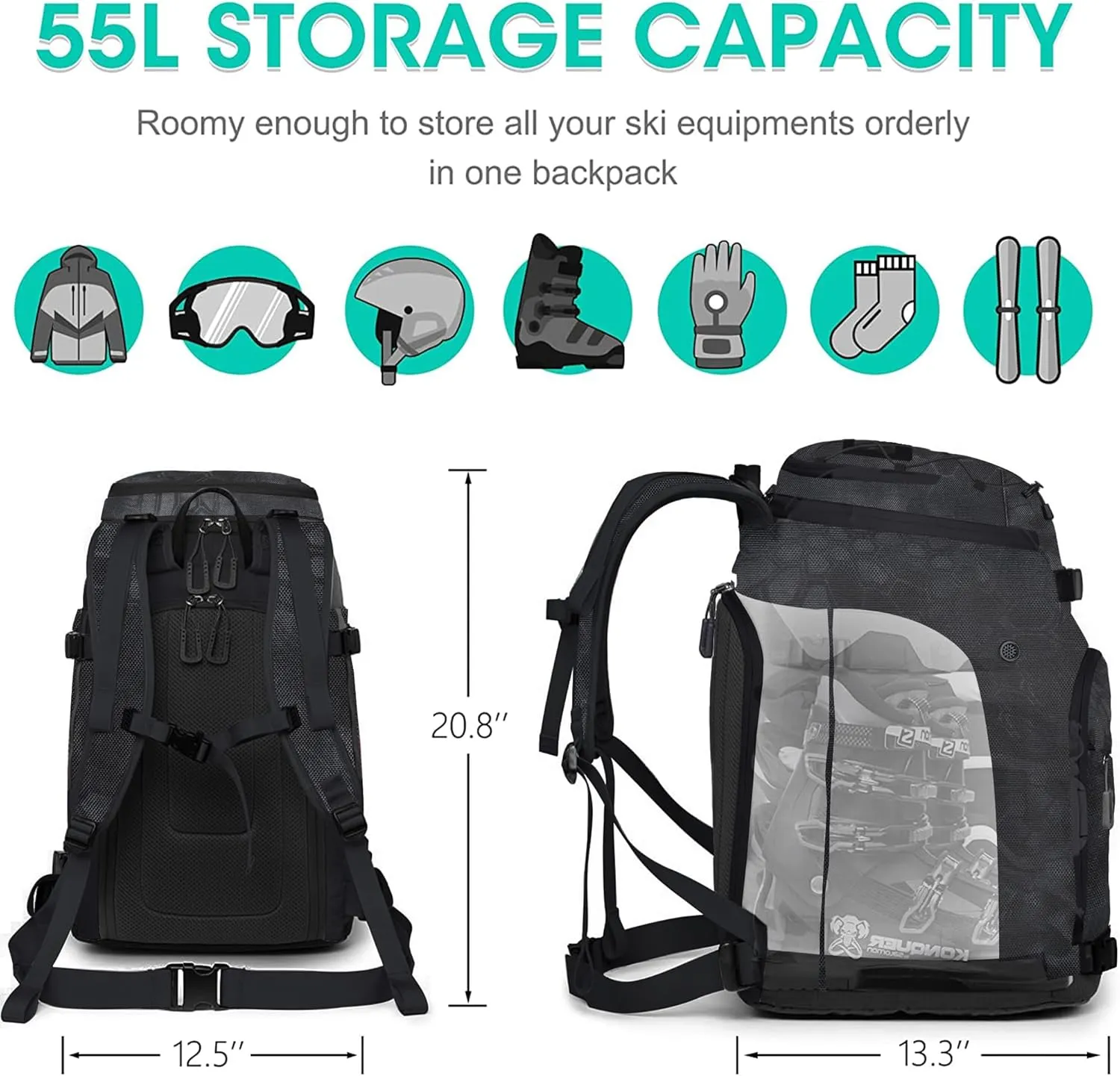 Ski Boot Bag, 55L Waterproof Ski and Snowboard Boots Travel Backpack for Skis, Snowboard, Ski Helmet, & Accessories