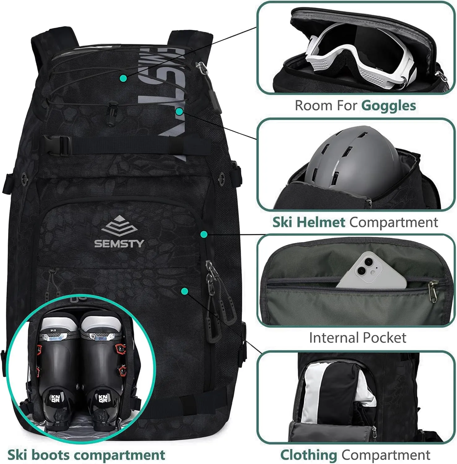 Ski Boot Bag, 55L Waterproof Ski and Snowboard Boots Travel Backpack for Skis, Snowboard, Ski Helmet, & Accessories