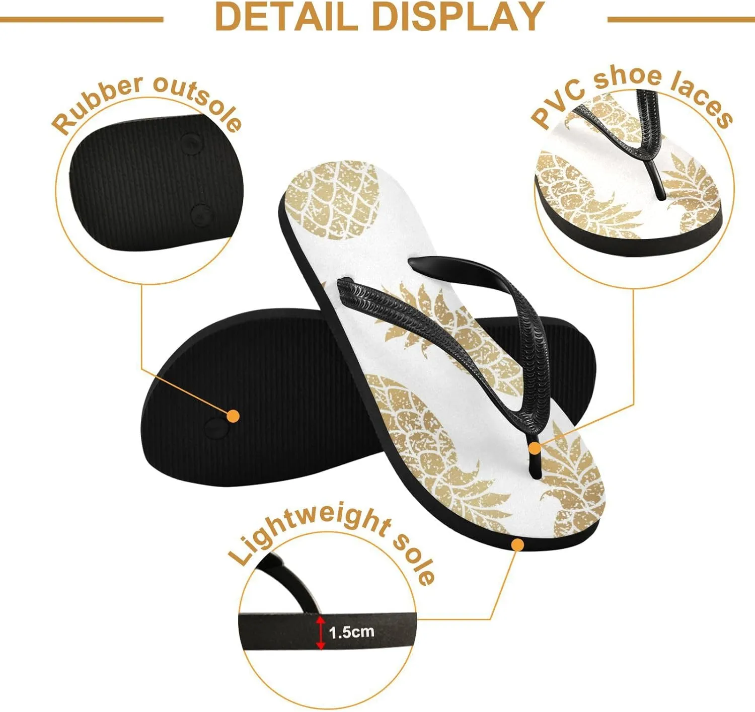 Slim Flip Flops for Women Beach - Bright Gold Pineapple Casual Thong Flat Sandals Rubber Slide Slippers Shower Shoes