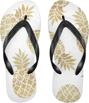Slim Flip Flops for Women Beach - Bright Gold Pineapple Casual Thong Flat Sandals Rubber Slide Slippers Shower Shoes