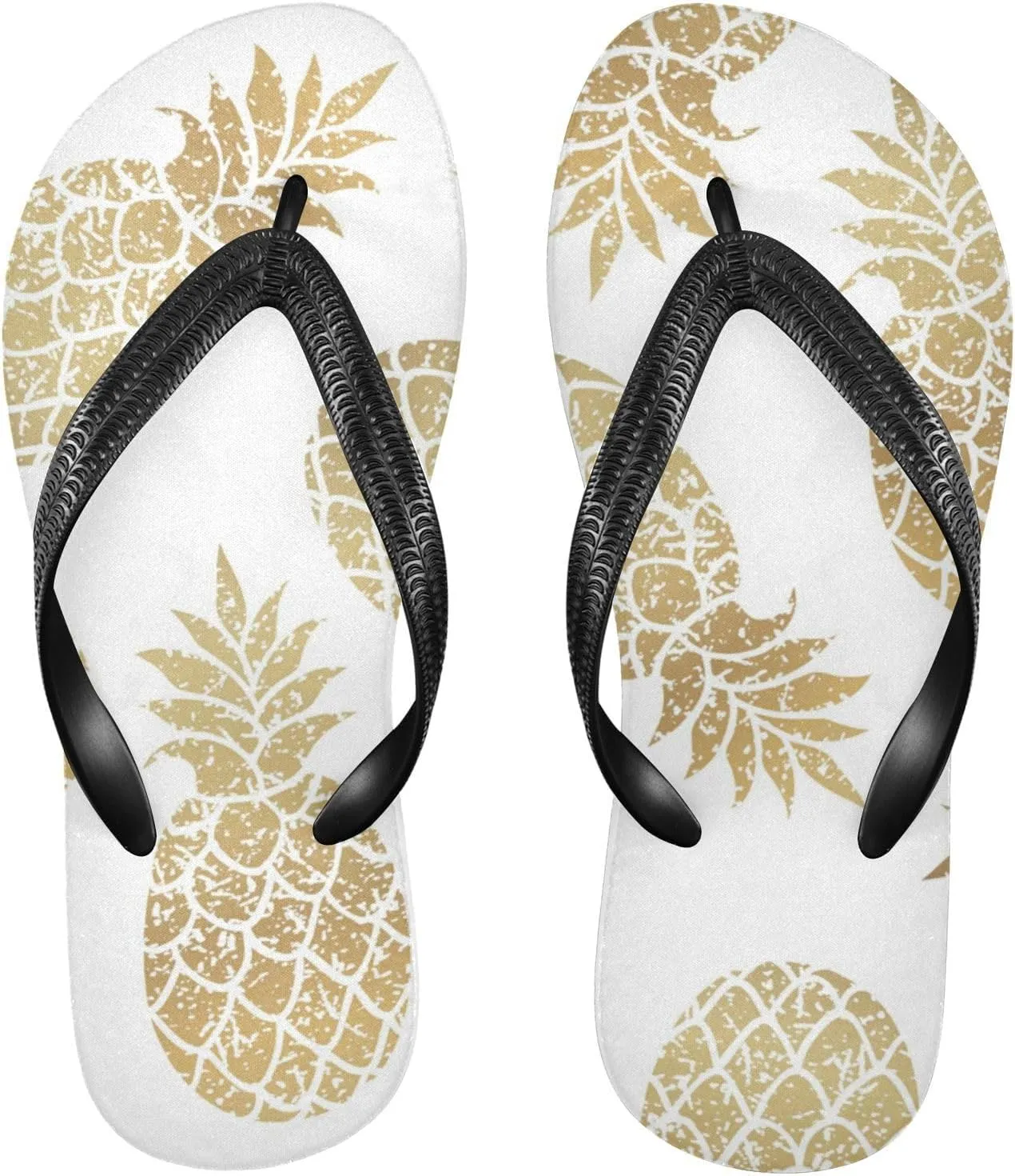 Slim Flip Flops for Women Beach - Bright Gold Pineapple Casual Thong Flat Sandals Rubber Slide Slippers Shower Shoes