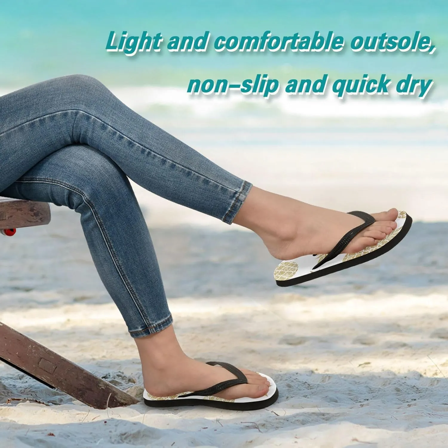 Slim Flip Flops for Women Beach - Bright Gold Pineapple Casual Thong Flat Sandals Rubber Slide Slippers Shower Shoes