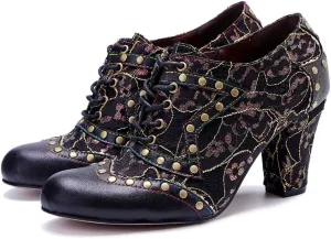 SOCOFY Women Leather Pumps, Womens Colorful Vintage Block Heel Oxford Vintage Shoes Anti Slip Pumps Dress Shoes Winter Ankle Boots Women's Handmade Lace Up Boots for Wedding Party