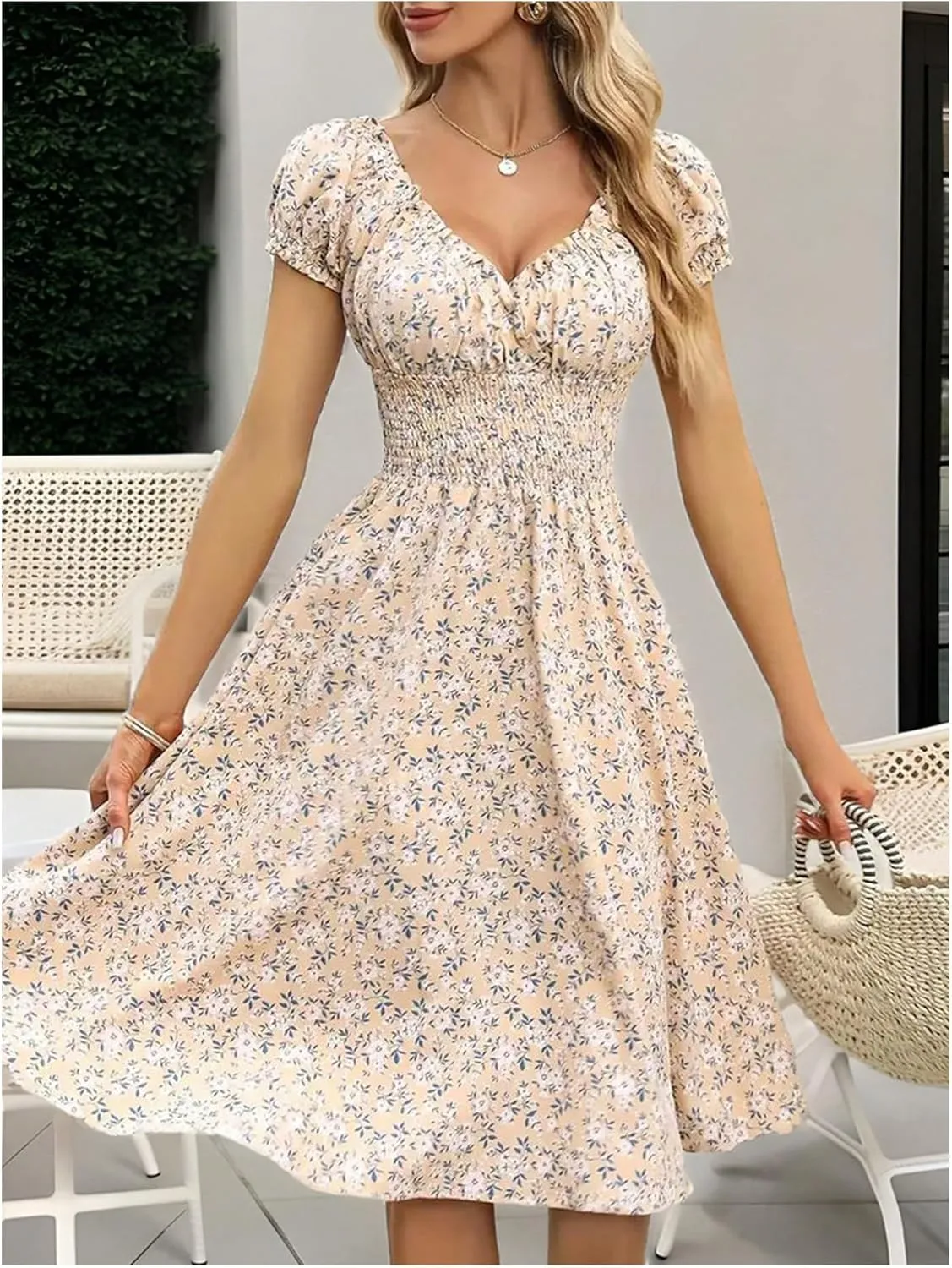 SOLY HUX Women's Floral Print Wrap V Neck Dress Puff Short Sleeve Shirred High Waist Flowy Boho Midi Dresses