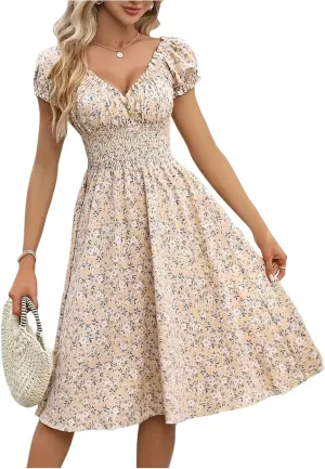 SOLY HUX Women's Floral Print Wrap V Neck Dress Puff Short Sleeve Shirred High Waist Flowy Boho Midi Dresses