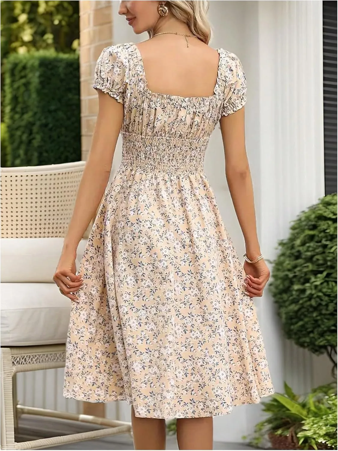 SOLY HUX Women's Floral Print Wrap V Neck Dress Puff Short Sleeve Shirred High Waist Flowy Boho Midi Dresses