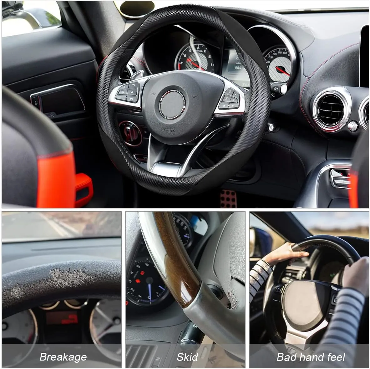 Steering Wheel Cover for Women and Men, Carbon Fiber Plush Steering Wheel Cover Soft Anti-Slip Comforting, Universal 15 Inches Steering Wheels Accessories (Carbon Fiber Black)