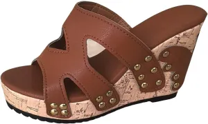 SuanlaTDS Women's Platform Wedge Sandals Dressy Open Toe Slip On Slides Cork Heeled Cutout Comfortable Casual Summer Beach Shoes Chunky High Heels Wedges Slide Sandal Mules