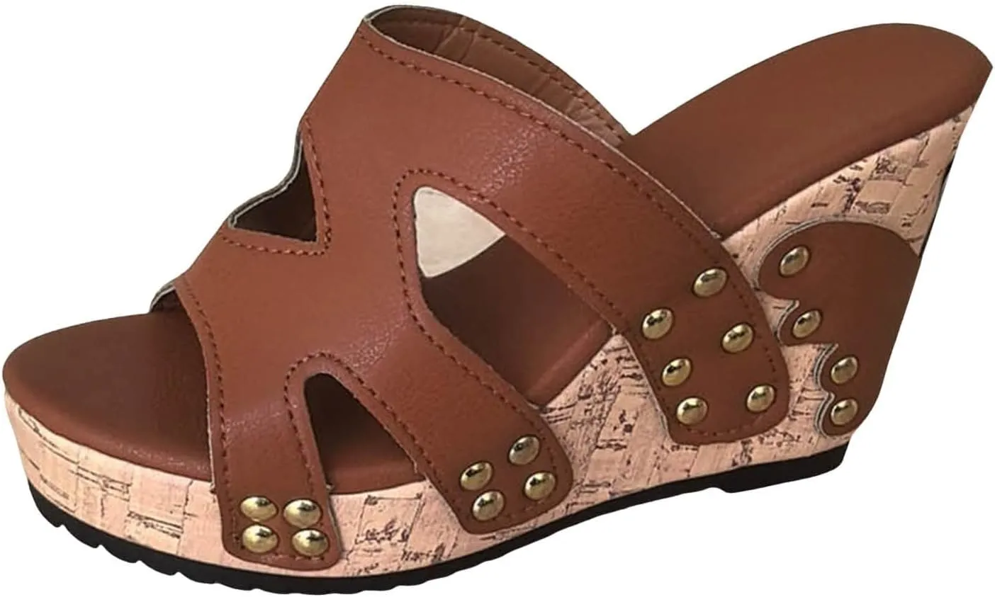 SuanlaTDS Women's Platform Wedge Sandals Dressy Open Toe Slip On Slides Cork Heeled Cutout Comfortable Casual Summer Beach Shoes Chunky High Heels Wedges Slide Sandal Mules