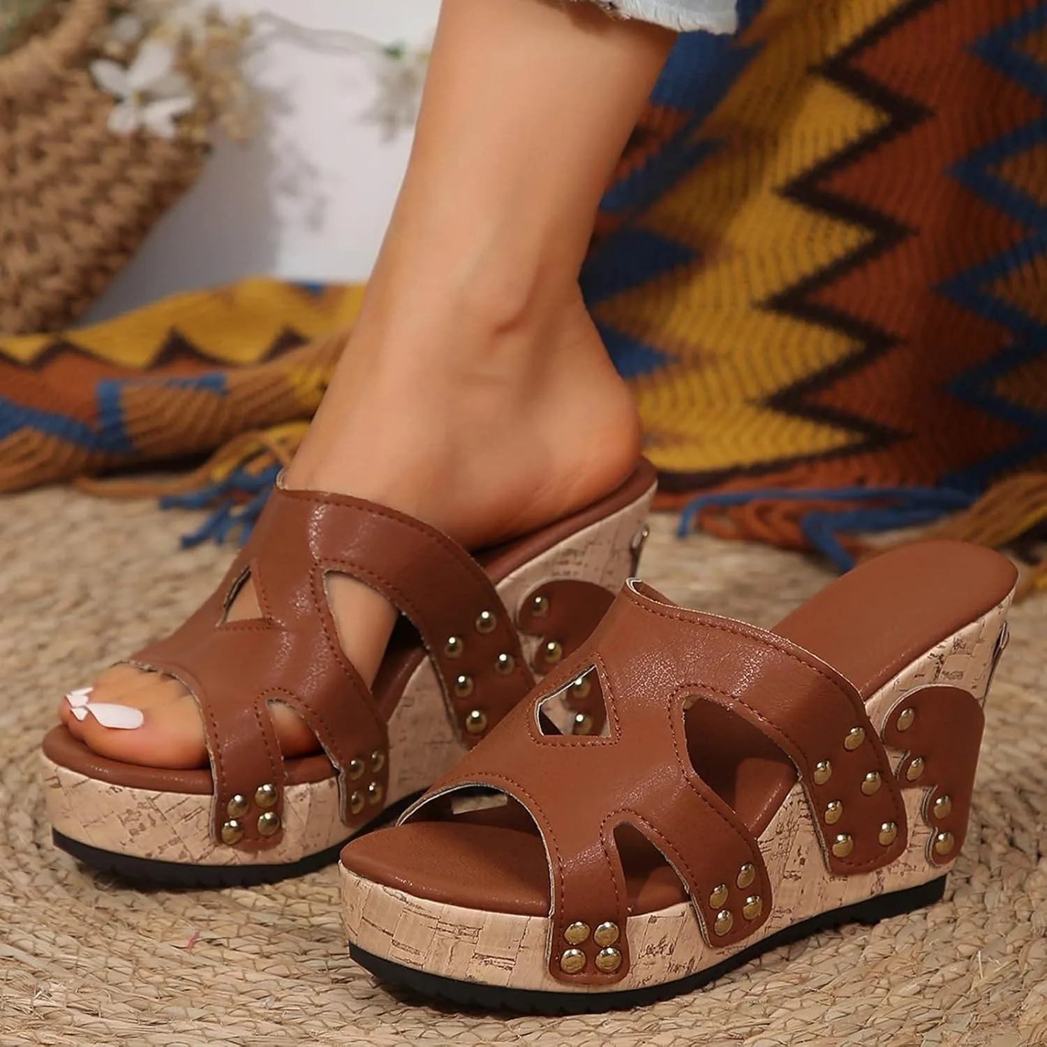 SuanlaTDS Women's Platform Wedge Sandals Dressy Open Toe Slip On Slides Cork Heeled Cutout Comfortable Casual Summer Beach Shoes Chunky High Heels Wedges Slide Sandal Mules