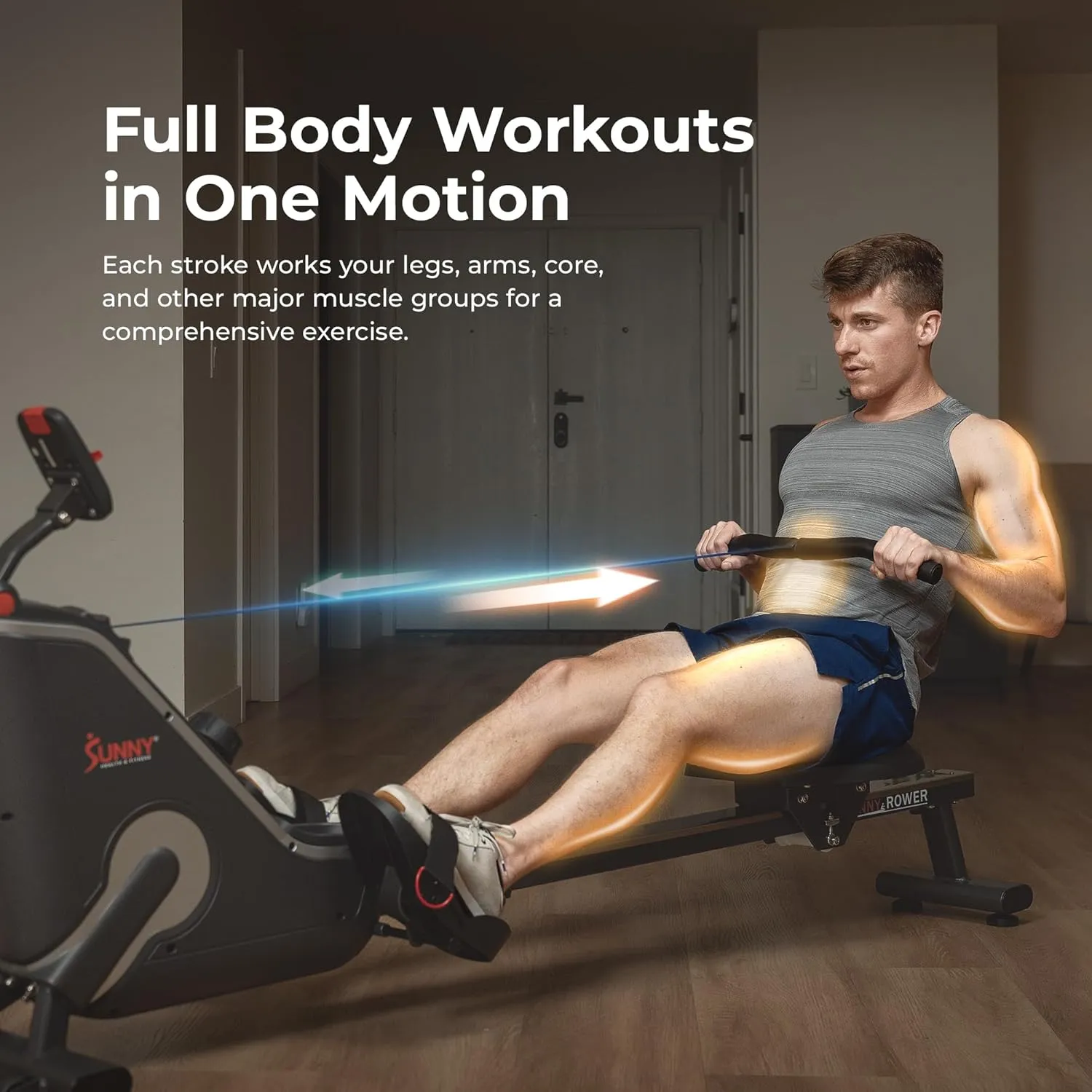 Sunny Health & Fitness Flip & Foldable Rowing Machine for Home w/Extended Slide Rail, Full-Body Workout, Low-Impact, Optional Extra Long Rail, Quiet Rail Cover, Water Motion and Free SunnyFit App