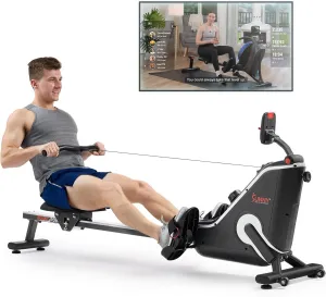 Sunny Health & Fitness Flip & Foldable Rowing Machine for Home w/Extended Slide Rail, Full-Body Workout, Low-Impact, Optional Extra Long Rail, Quiet Rail Cover, Water Motion and Free SunnyFit App