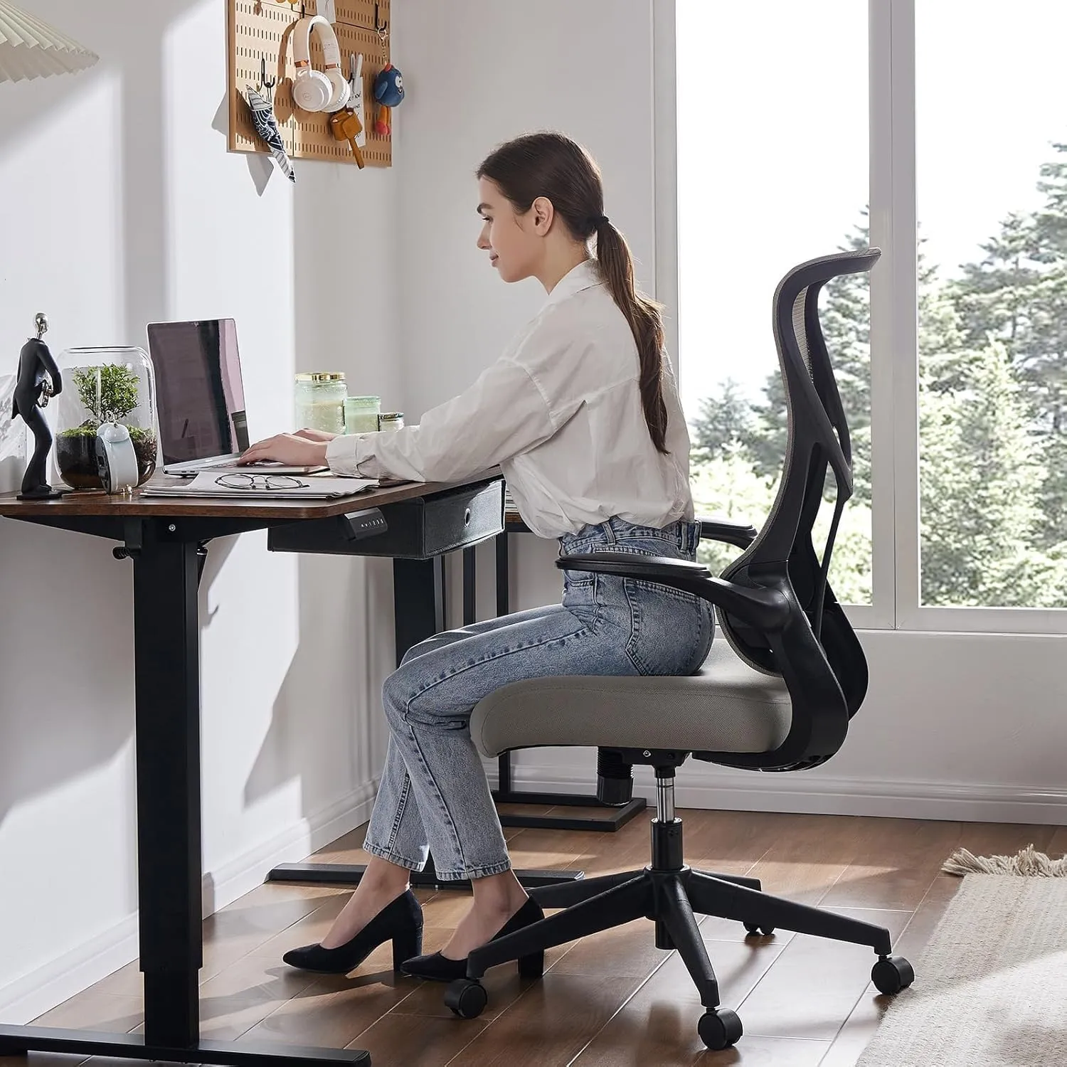 Sweetcrispy Desk Office Chair,Ergonomic High Back Computer Swivel Gaming Chairs with Adjustable Height, Lumbar Support, Flip Up Arms, 120°tilt, Grey