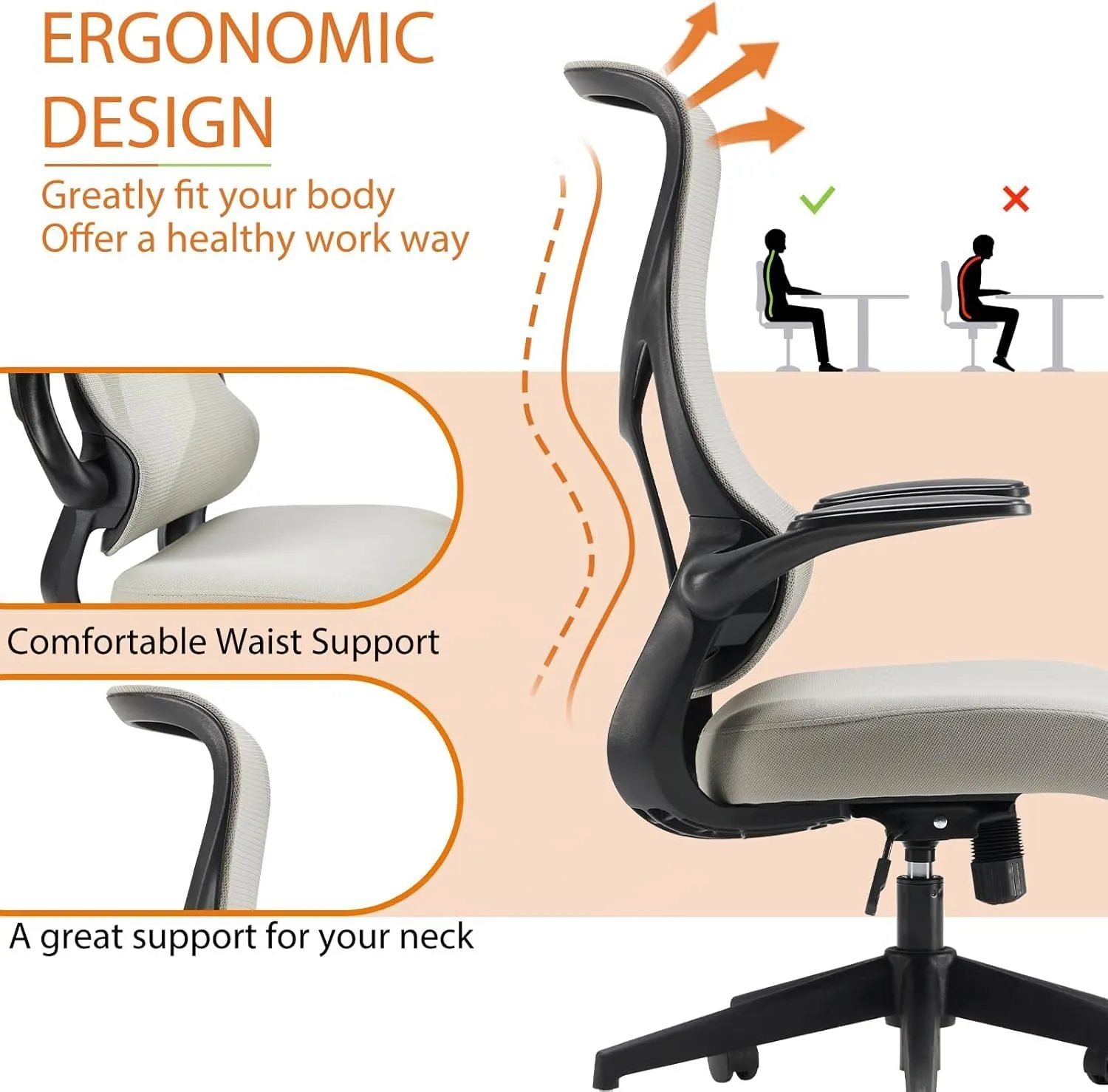 Sweetcrispy Desk Office Chair,Ergonomic High Back Computer Swivel Gaming Chairs with Adjustable Height, Lumbar Support, Flip Up Arms, 120°tilt, Grey