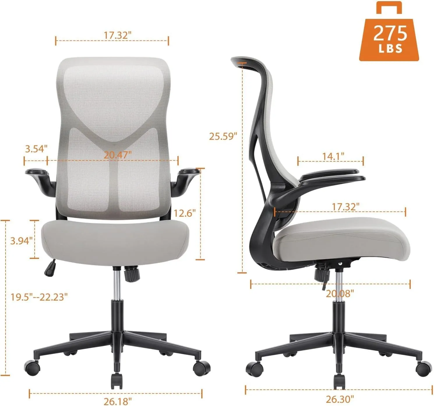 Sweetcrispy Desk Office Chair,Ergonomic High Back Computer Swivel Gaming Chairs with Adjustable Height, Lumbar Support, Flip Up Arms, 120°tilt, Grey