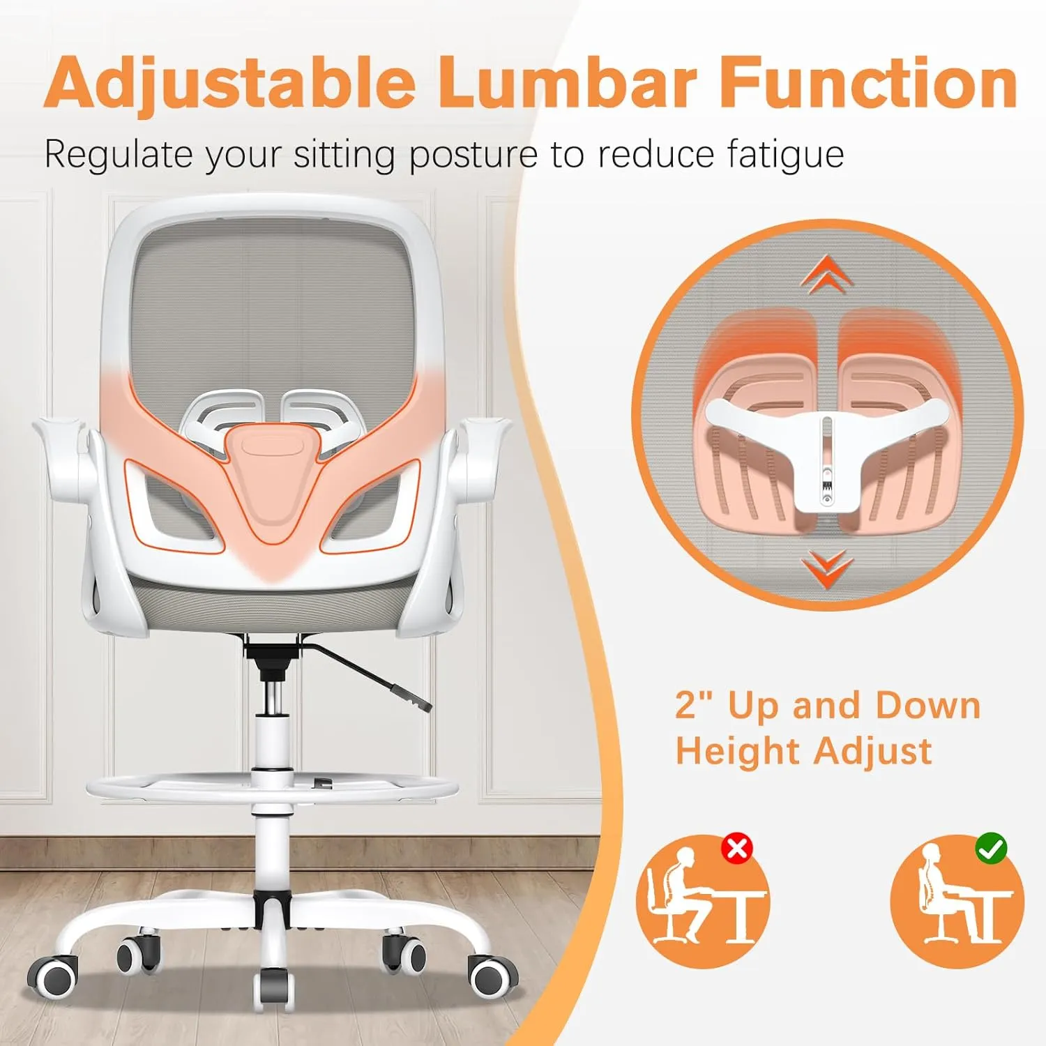 Tall Drafting Chair with Lumbar Support and Footrest Ring, Supportive Tall Extended Height Ergonomic Desk Chair for Home Work, Breathable Mesh Office Chair with Flip up Arms(Gray)