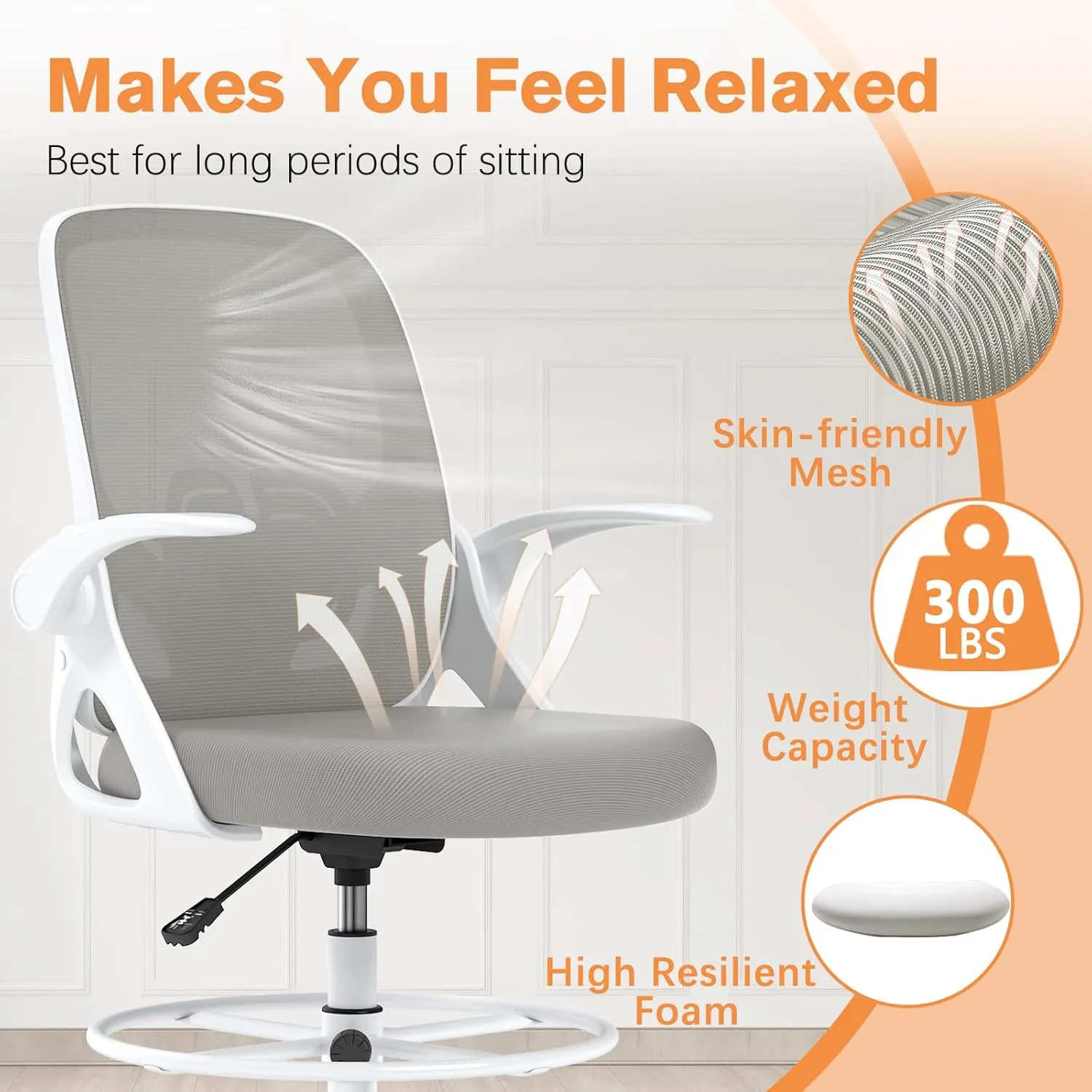Tall Drafting Chair with Lumbar Support and Footrest Ring, Supportive Tall Extended Height Ergonomic Desk Chair for Home Work, Breathable Mesh Office Chair with Flip up Arms(Gray)