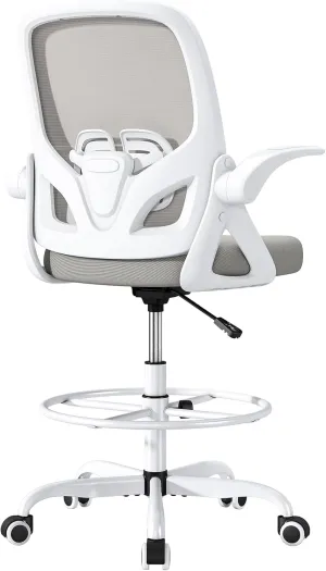 Tall Drafting Chair with Lumbar Support and Footrest Ring, Supportive Tall Extended Height Ergonomic Desk Chair for Home Work, Breathable Mesh Office Chair with Flip up Arms(Gray)