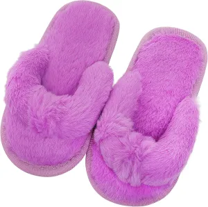 techcity Boys Girls Fuzzy Flip Flop Slippers Kids Cute Soft Comfy Open Toe Fluffy Slip On Thong Flat Sandals House Home Fur Slides Indoor Outdoor