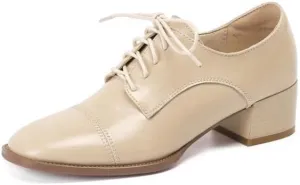 TinaCus Women's Genuine Leather Handmade Classic Square Toe Lace Up Low Stacked Heel Retro Oxford Pumps Shoes