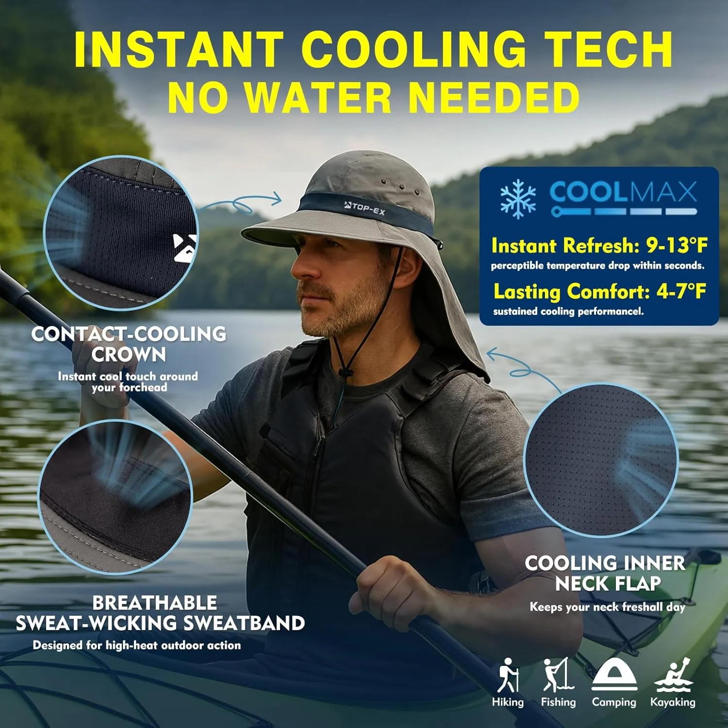TOP-EX Cooling Sun Hat with Neck Flap – UPF 50  Wide Brim Breathable Hat for Hiking, Fishing & Big Heads