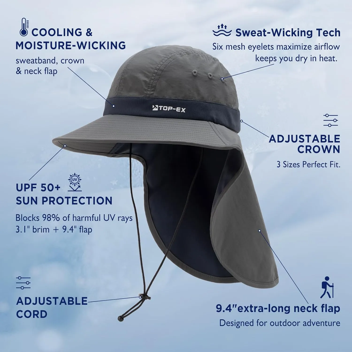 TOP-EX Cooling Sun Hat with Neck Flap – UPF 50  Wide Brim Breathable Hat for Hiking, Fishing & Big Heads