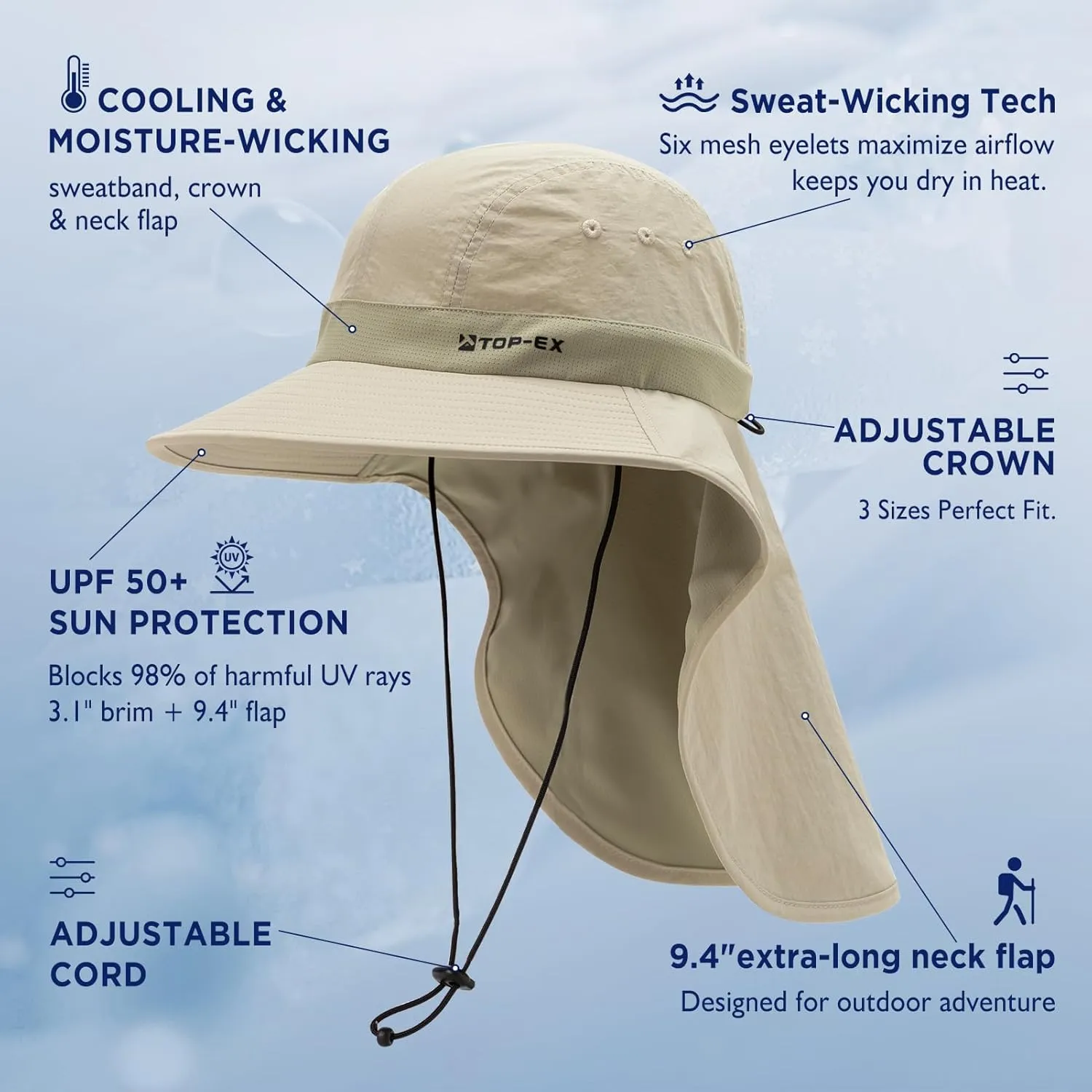 TOP-EX Cooling Sun Hat with Neck Flap – UPF 50  Wide Brim Breathable Hat for Hiking, Fishing & Big Heads