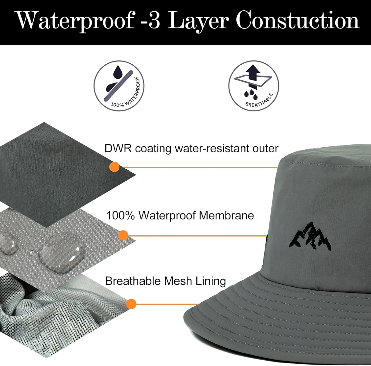 TOP-EX L/XL/XXL UV50  Waterproof Bucket Sun Hat for Fishing Golf Hiking All-Weather Outdoor Rain Hat Stiff Brim