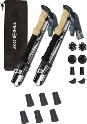TREKOLOGY Trek-Z (Black115-135cm) Trekking Hiking Poles / 6 pc Replacement Rubber Tips - Collapsible Folding Walking Sticks,Adjustable Quick Flip-Lock, Foldable Trekking Poles for Hiking.