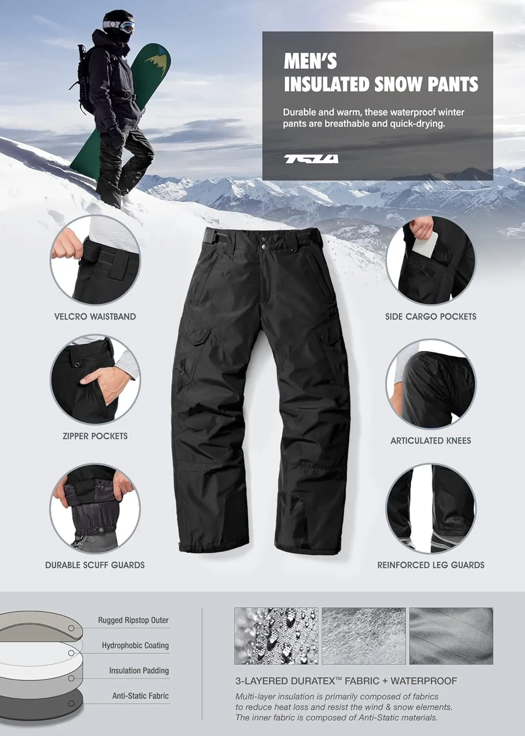 TSLA Men's Winter Snow Pants, Waterproof Insulated Ski Pants, Ripstop Windproof Snowboard Bottoms