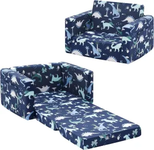 Ulax furniture Kids Sofa Chair for Reading, 2-in-1 Sofa Toddler Fold Out Couch, Convertible Sofa to Sleeper Couch (Navy Dinosaur)