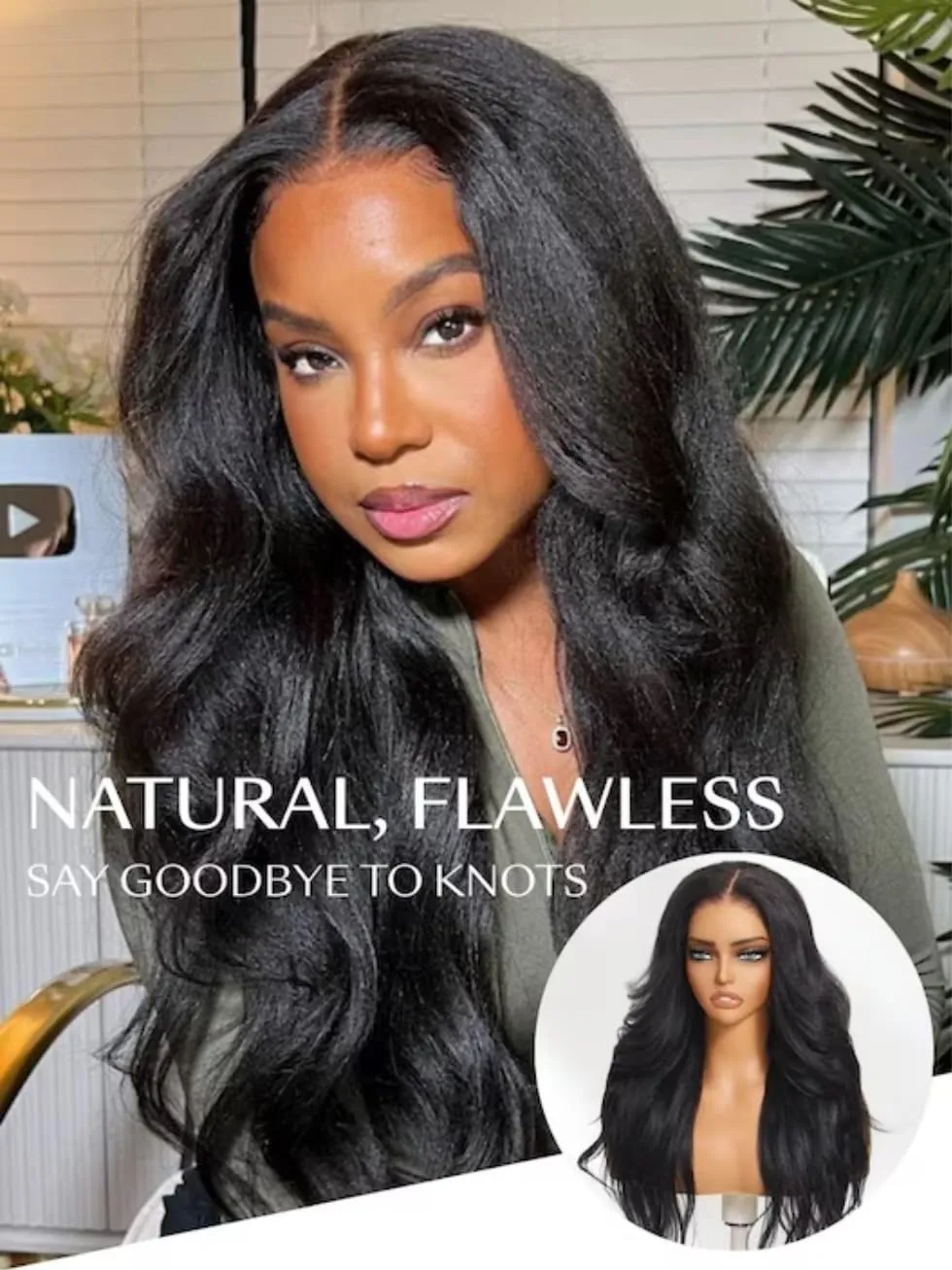 UNICE Bye Bye Knots Glueless 7X5 Pre Cut Lace Front Wig Yaki Wavy Flip Out Bang Curl Wig Put on and Go Human Hair Wigs Pre Plucked Bleached Knots Natural Hairline 150% Density 18 Inch