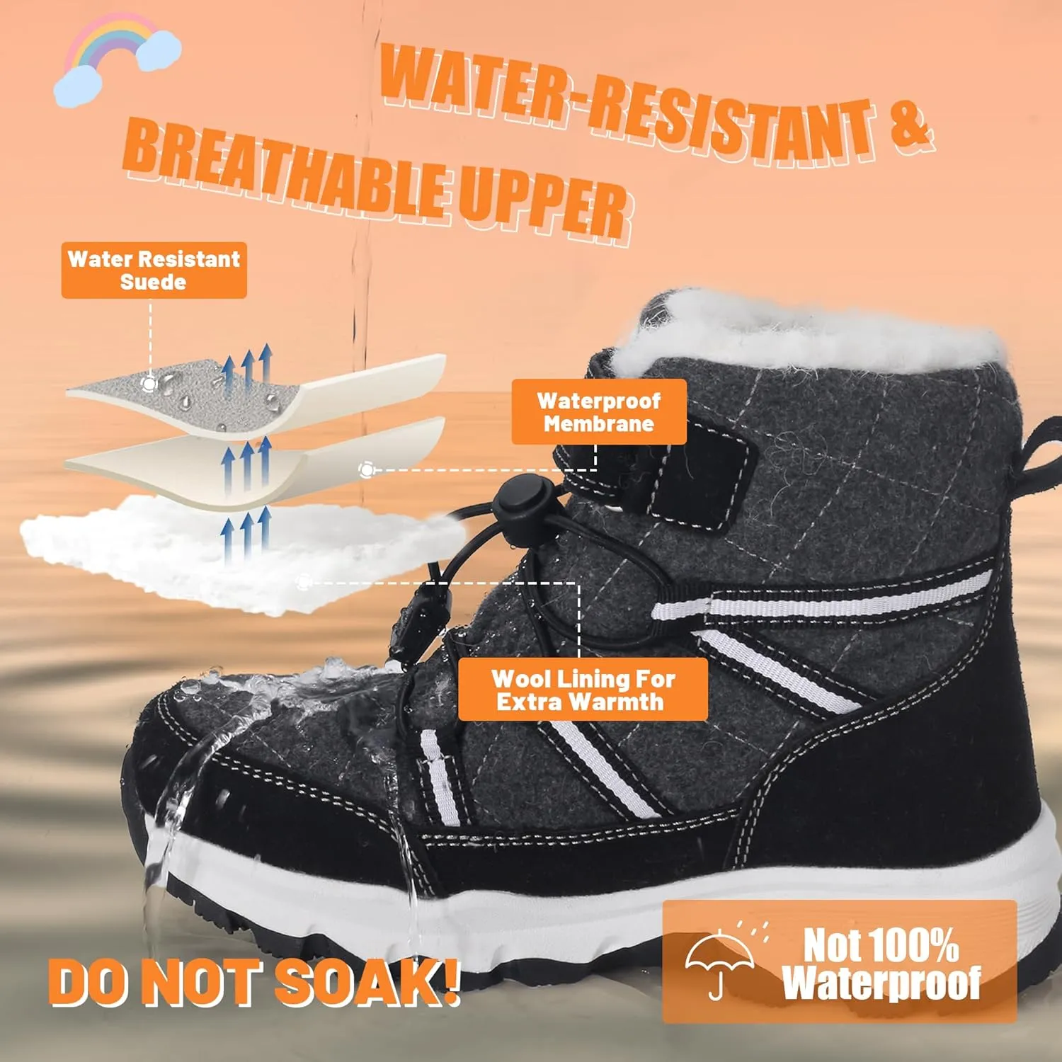 visionreast Boys Girls Wool Lining Snow Boots Winter Walking Boots for Kids Non Slip Unisex-Child Cold Weather Shoes Outdoor Boots