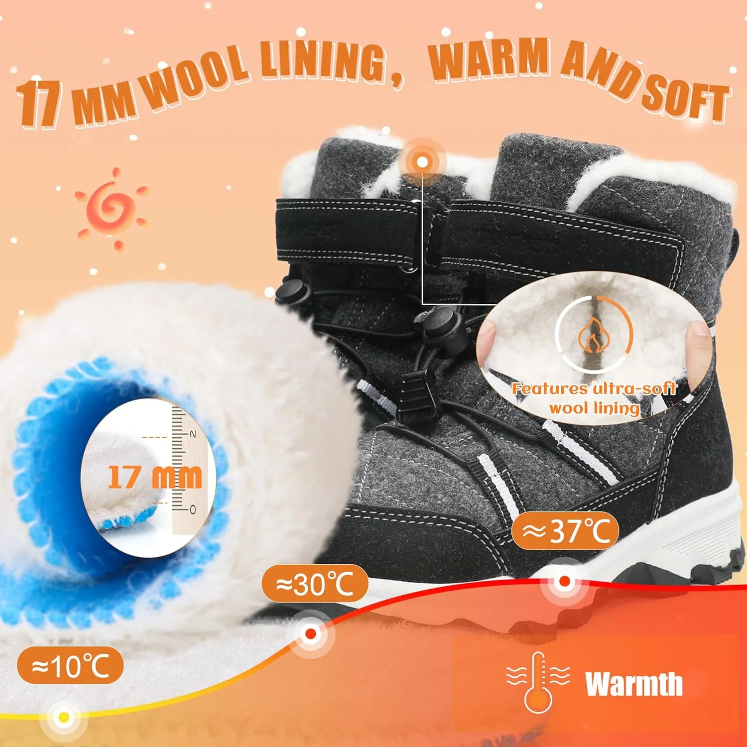 visionreast Boys Girls Wool Lining Snow Boots Winter Walking Boots for Kids Non Slip Unisex-Child Cold Weather Shoes Outdoor Boots