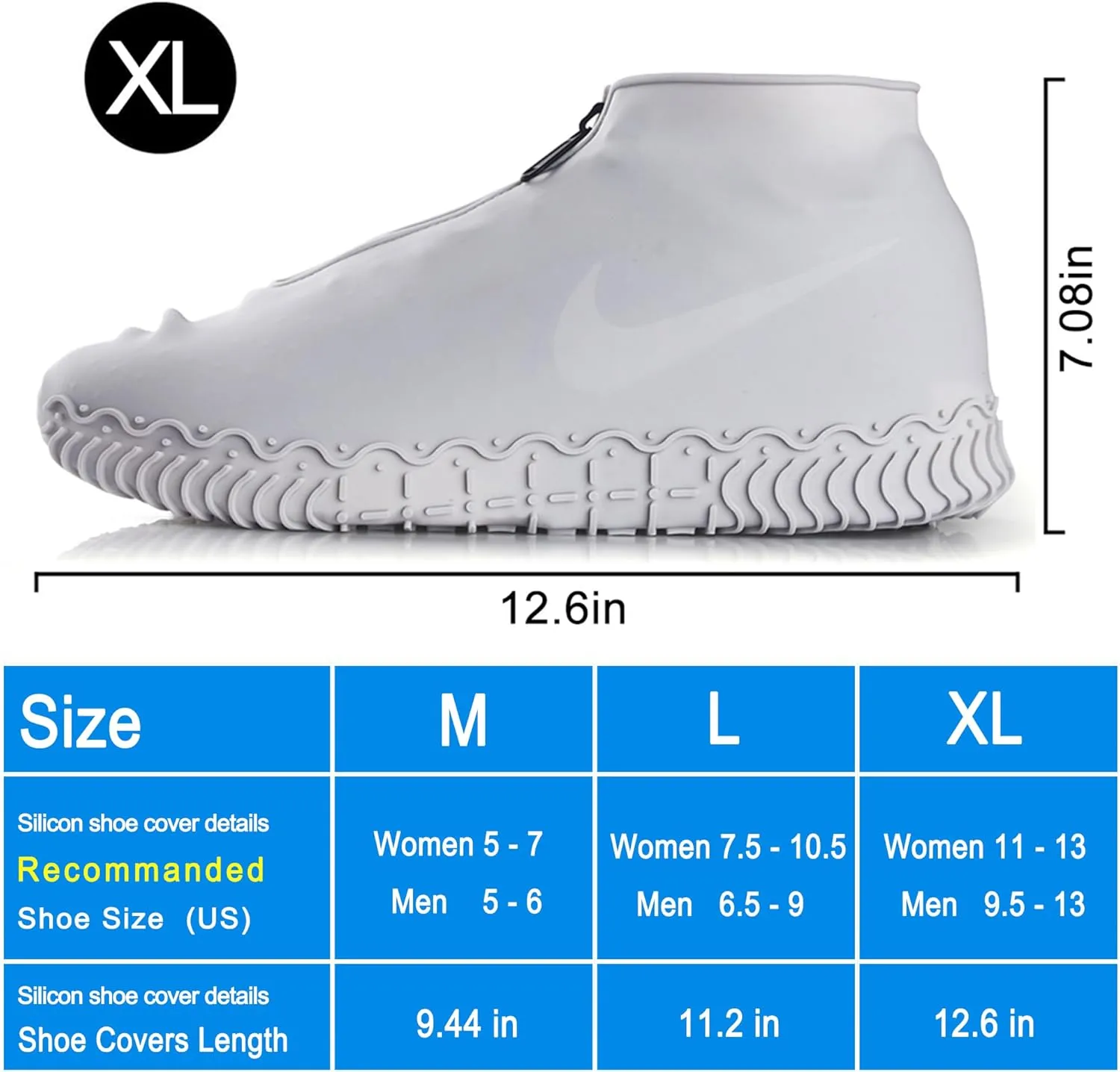 Waterproof Shoe Covers, Silicone Reusable Shoe Cover Non-slip Durable Zipper Elastic Rain Cover Protection for Men Women (XL (Women 11-13, Men 9.5-13), Grey)