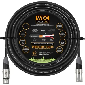 WBC-VALUELINE-2CS (22 AWG) - 20 Foot–Low-Capacitance Shielded Balanced Flexible Microphone, Active-Speaker & Interconnect Cables with Eminence Gold XLR Connectors