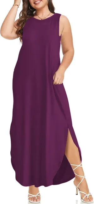 Wolddress Womens 2025 Plus Size Sleeveless Tank Dress Casual Loose Sundress Split Summer Beach Long Maxi Dresses with Pockets