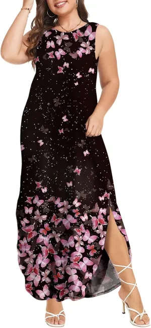 Wolddress Womens 2025 Plus Size Sleeveless Tank Dress Casual Loose Sundress Split Summer Beach Long Maxi Dresses with Pockets