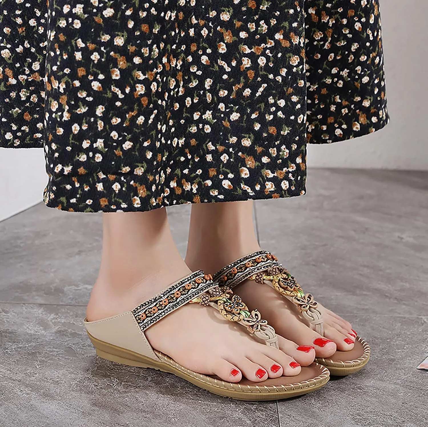 Women Bohemia Sandal Clip Toe T-Strap Flip Flops Slingback Beach Braided Slip On Slides Flowers Casual Shoes