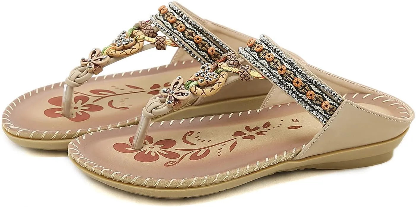 Women Bohemia Sandal Clip Toe T-Strap Flip Flops Slingback Beach Braided Slip On Slides Flowers Casual Shoes