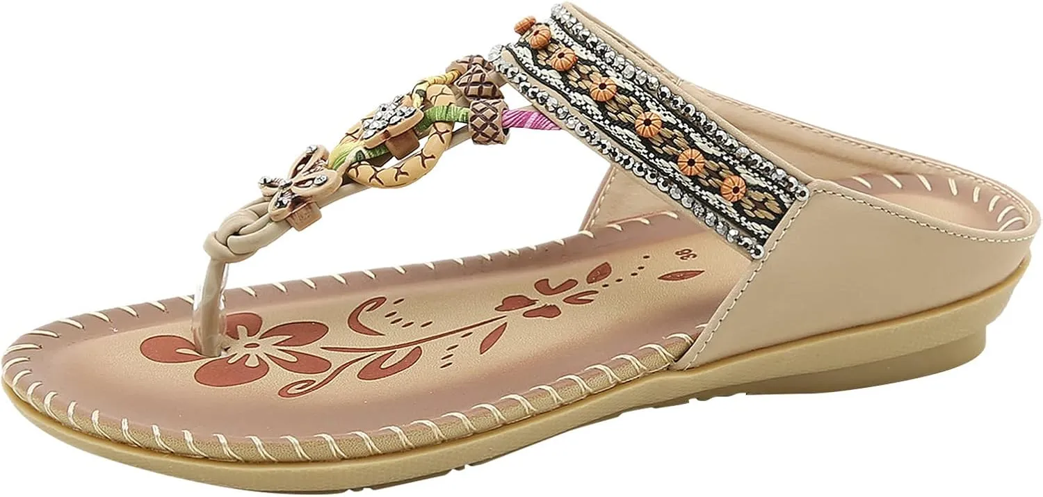 Women Bohemia Sandal Clip Toe T-Strap Flip Flops Slingback Beach Braided Slip On Slides Flowers Casual Shoes