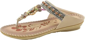 Women Bohemia Sandal Clip Toe T-Strap Flip Flops Slingback Beach Braided Slip On Slides Flowers Casual Shoes