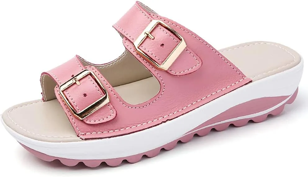 Women Wedge Sandals Two Bands Platform Slides Wavy Sole Flip Flop Pink