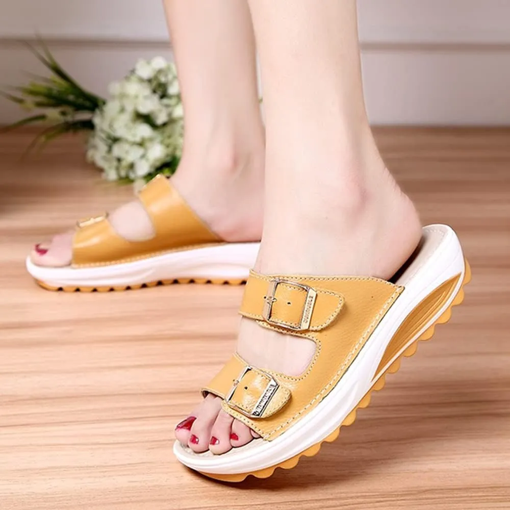 Women Wedge Sandals Two Bands Platform Slides Wavy Sole Flip Flop