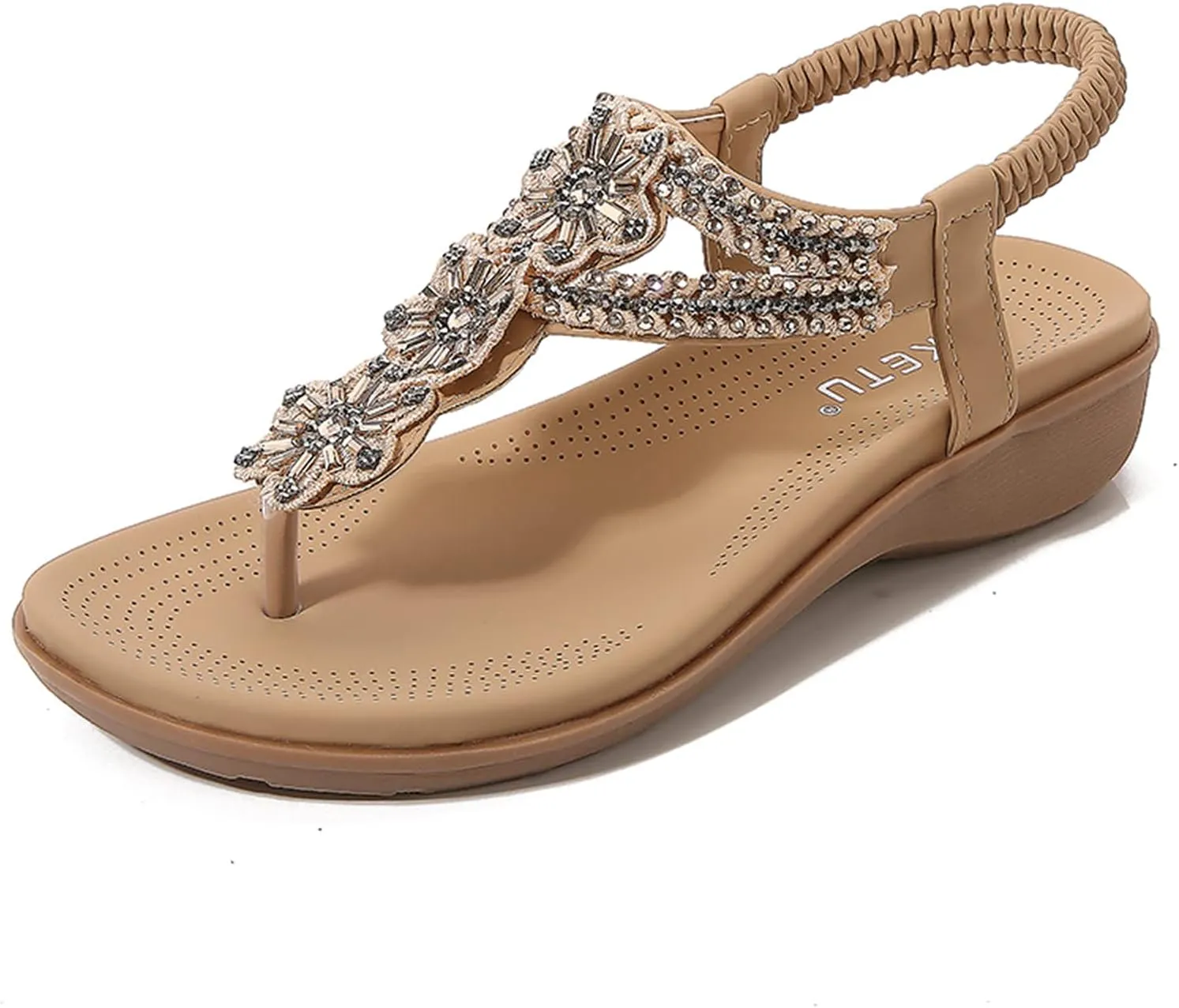 Women's Bohemia Sequins T-strap Flat Sandals Summer Comfortable Flip Flops Beach Thong Sandal Elastic Dress Shoes