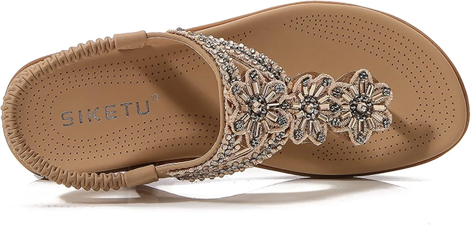 Women's Bohemia Sequins T-strap Flat Sandals Summer Comfortable Flip Flops Beach Thong Sandal Elastic Dress Shoes