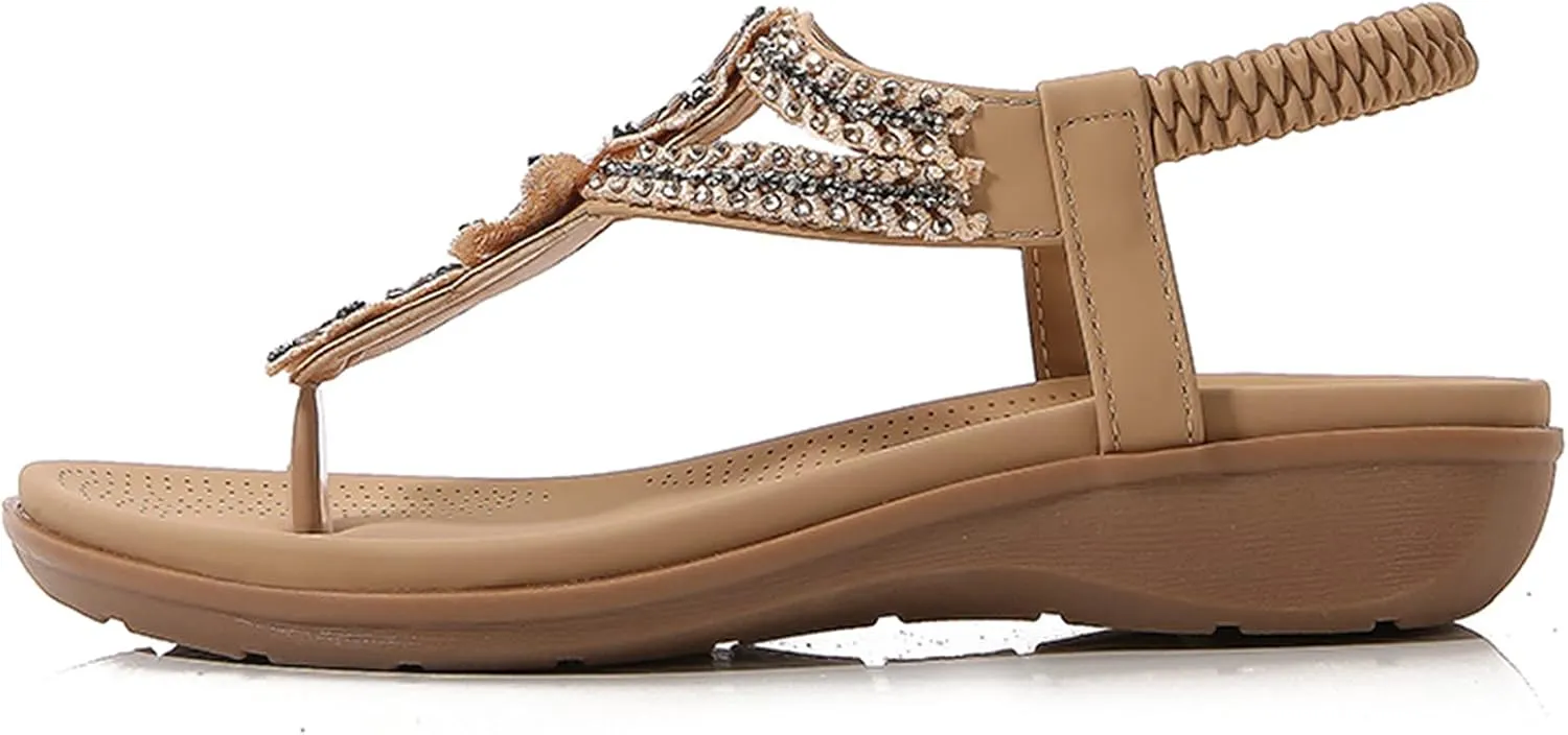 Women's Bohemia Sequins T-strap Flat Sandals Summer Comfortable Flip Flops Beach Thong Sandal Elastic Dress Shoes