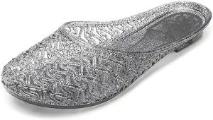 Women's Closed Toe Flat Jelly Slide Sandals Glitter Clear Hollow Out Slip On Summer Beach Mule Sandals Soft Anti-Slip Crystal Jelly Slippers