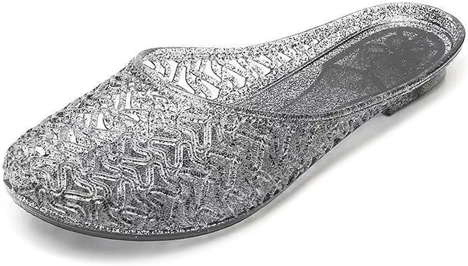 Women's Closed Toe Flat Jelly Slide Sandals Glitter Clear Hollow Out Slip On Summer Beach Mule Sandals Soft Anti-Slip Crystal Jelly Slippers