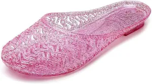 Women's Closed Toe Flat Jelly Slide Sandals Glitter Clear Hollow Out Slip On Summer Beach Mule Sandals Soft Anti-Slip Crystal Jelly Slippers